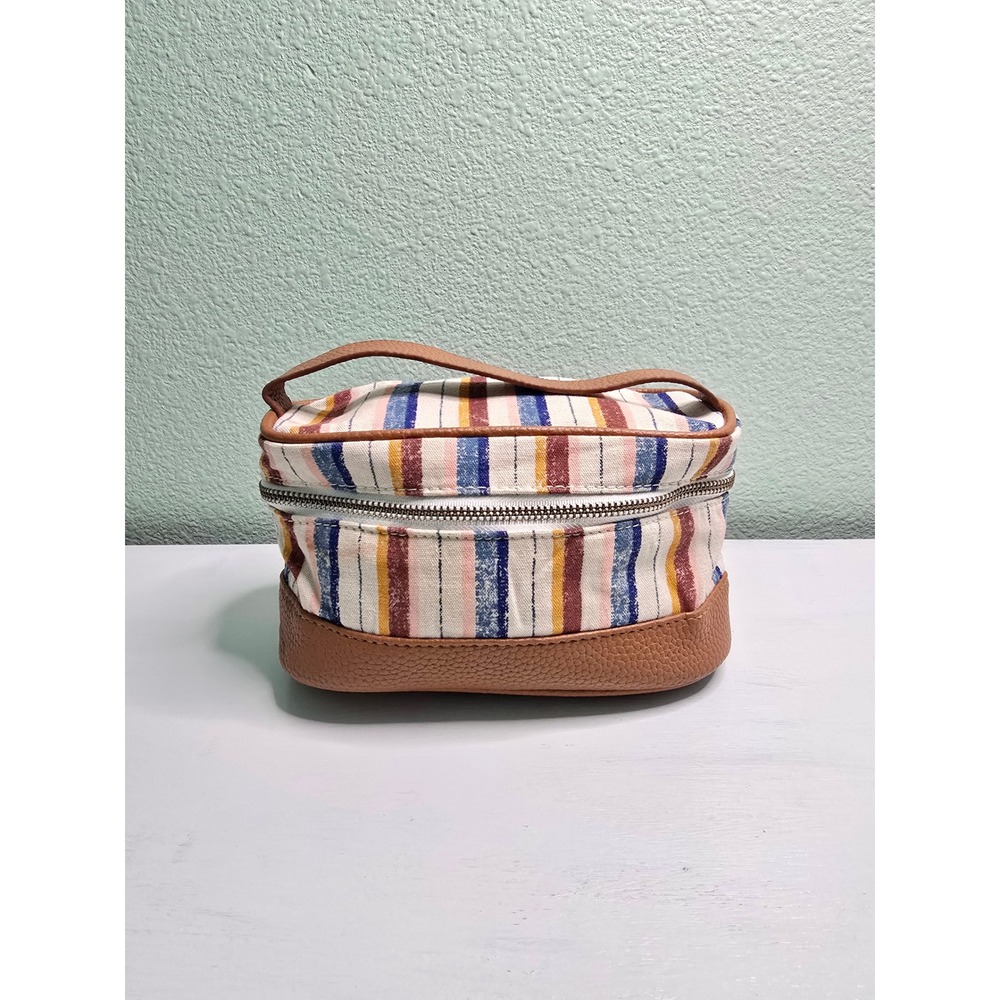 Striped Makeup Cosmetic Zipper with Handle Beads Bag